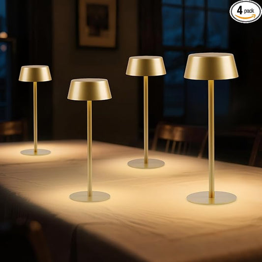 4 Pack Cordless Table Lamp, 50h Runtime, Metal, 3 Color Dimming Rechargeable Battery Operated Desk Lamp, IPX4 Waterproof Wireless Outdoor Table Lamp for Dinner/Restaurant/Bedroom/Cafe