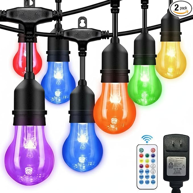 96FT Solar Outdoor String Lights, 30 Shatterproof Edison Bulbs, Dimmable Color Changing RGB LED Patio Lights with 2 Remote Controllers. Perfect for Backyard Decorative Lighting