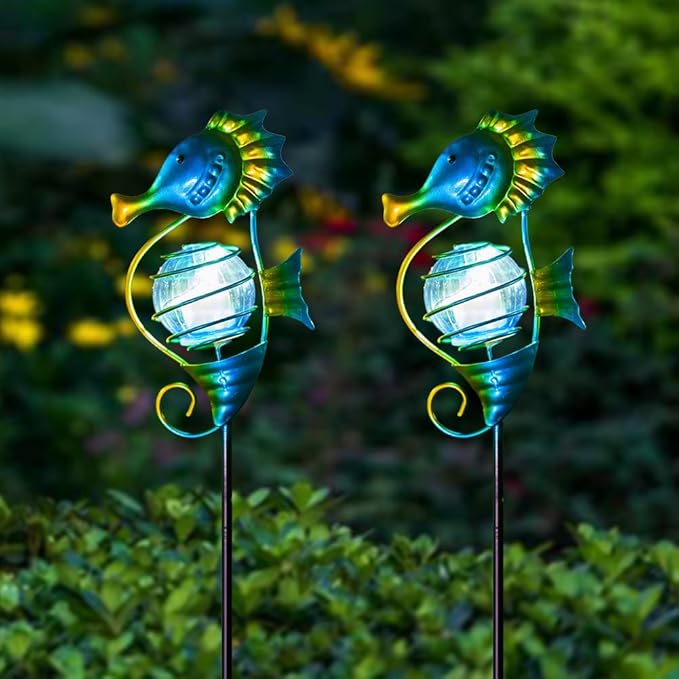 Solar Lights Outdoor 2 Pack,Metal Garden Decorative Stake Solar Lights Blue Seahorse Decor for Garden,Pathway,Lawn,Patio,Yard
