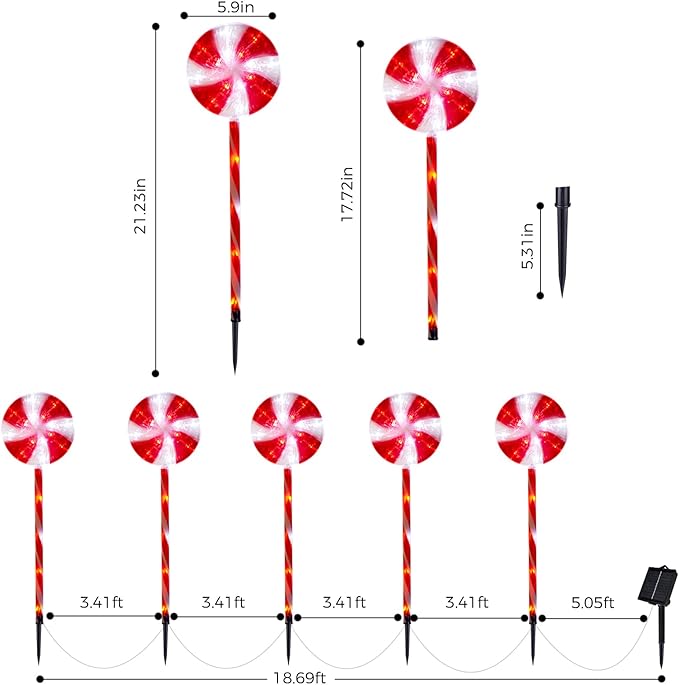 BRIGHTDECK Lollipop Solar Christmas Pathway Lights Outdoor, 5 Pack LED Christmas Decor with 8 Lighting Modes, Light Up Solar Stake Lights for Holiday, Xmas, Walkway, Sidewalk (Red, 5 PCS)