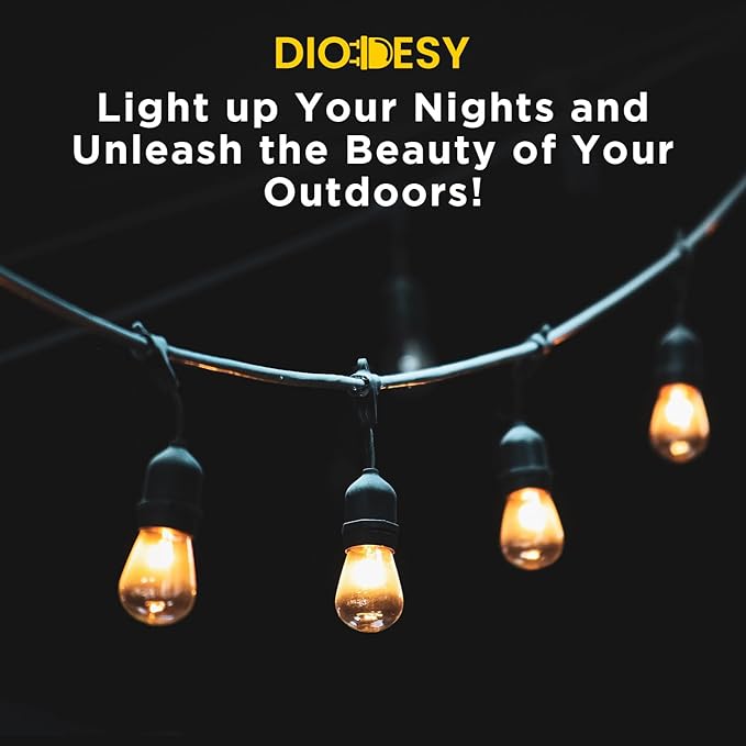 Diodesy- 48Ft Outdoor String Lights with S14 LED Shatterproof Edison Bulb & 15 Hanging Socket Commercial Grade E26 | Lumora