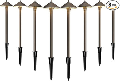 Pro Style Pathway Lights Outdoor Landscape Lighting Kit 8PK Low Voltage 10W Halogen 25 Lumen Walkway Lights 12V AC Warm White Metal Hardwired Path Light with Connectors and Spike Stakes