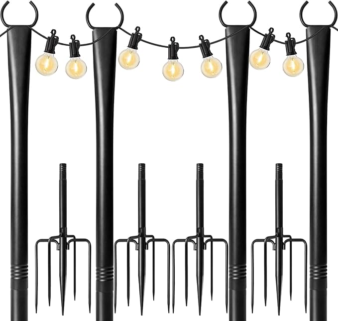 4-Pack 9.8FT String Light Poles, Outdoor Deck Light Stand with Adjustable Fence Brackets, Metal Hanging Pole for | Lumora