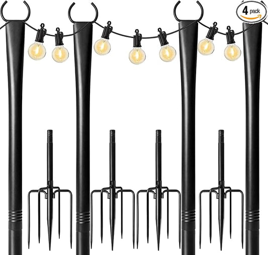 4-Pack 9.8FT String Light Poles, Outdoor Deck Light Stand with Adjustable Fence Brackets, Metal Hanging Pole for Patio, Backyard, Garden, Party & Bistro BBQ String Lights Poles