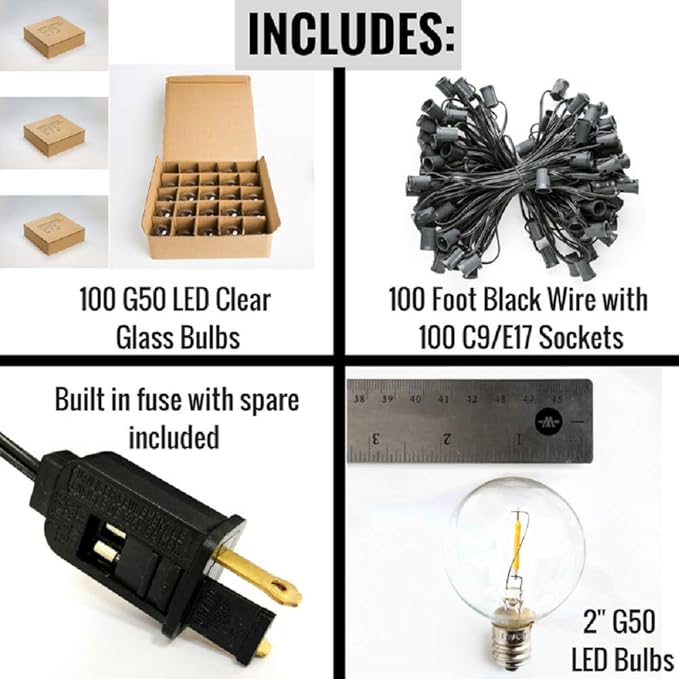 Hometown Evolution, Inc. G50 2" LED Filament Outdoor Patio String Lights with 0.6 Watt Light Bulbs (G50 LED - Black | Lumora