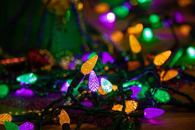 70 Light 24Ft Mardi Gras Lights Commercial String Lights C6 LED Strawberry Faceted Bulb – Yellow/Purple/Green | Lumora