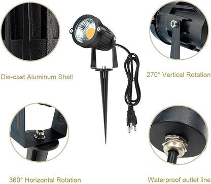 Youngine Pack of 2, Outdoor COB 5W LED Landscape Lights IP65 Waterproof COB Spotlights with Spiked Stand and US Plug for Outdoor Flag, Yard, Lawn, Tree (Warm White)