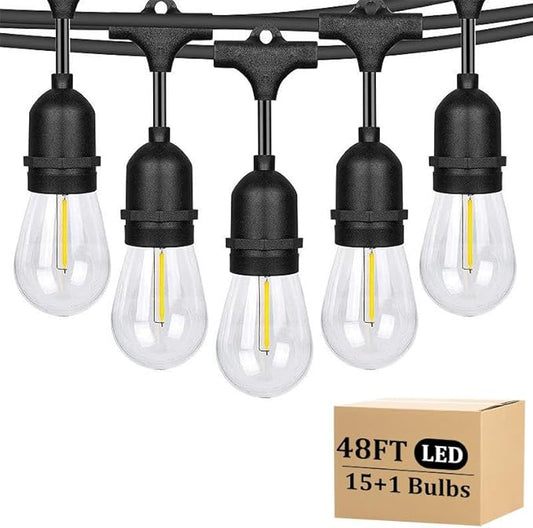 Outdoor String Lights LED 48FT Commercial Grade Heavy Duty with 16 2700K LED S14 Shatterproof Plastic Edison Bulb for Patio Back Yard Porch Party Decor
