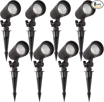 3CCT LED Landscape Lights with Connectors, 12V Low Voltage, 3000K/4000K/5000K Selectable, 3W, 200LM, Outdoor Waterproof Garden Pathway Lights Wall Tree Flag Spotlights with Spike Stand, 8 Pack