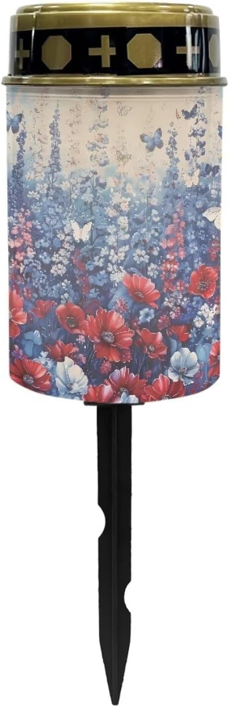 Blue Red Flower Solar Garden Lights Solar Cemetery Solar Lights Outdoor Solar Garden Stake Lights for Cemetery Grave Yard Patio Decoration Memorial Gifts