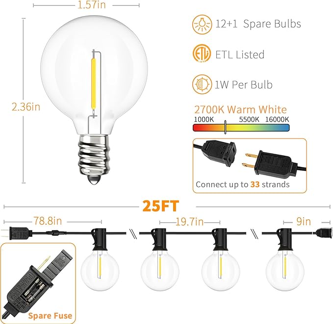 Svater Led Outdoor String Lights 25 FT with 25 Packs Replacement Bulbs | Lumora