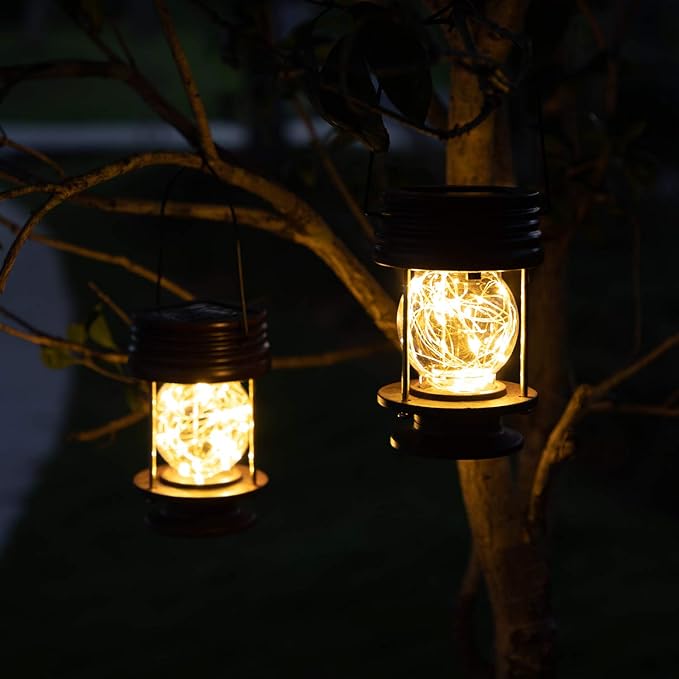 Hanging Solar Lights Outdoor - Solar Powered Waterproof Landscape Christmas Lanterns with Retro Design for Patio, Yard, Garden and Pathway Decoration (Warm Light) (2, 5.5" Fairy LED)