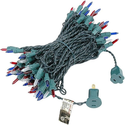 Novelty Lights 50 Feet 100 Bulbs Traditional Incandescent Mini Lights, Red/White/Blue on Green Wire with 6" Spacing, Commercial Grade and UL Listed for Indoor/Outdoor Use, End-to-End Connectable