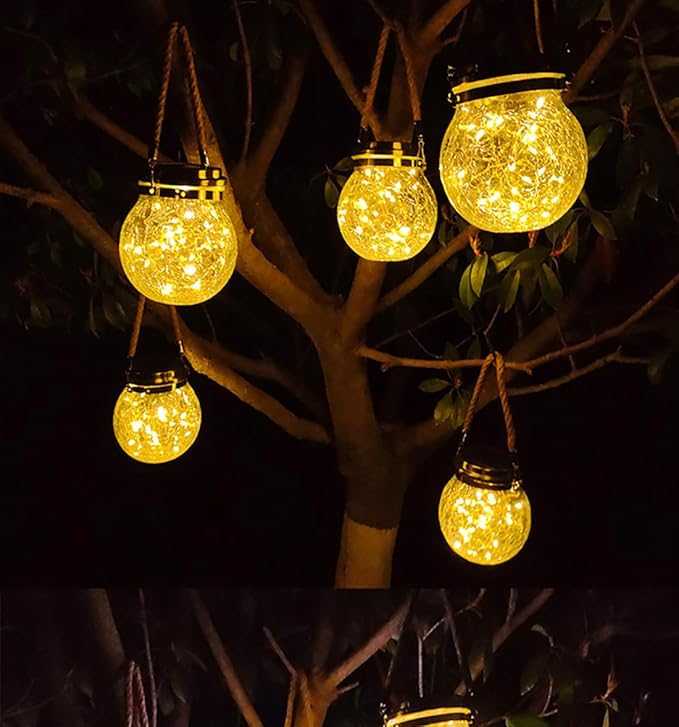 Solar Lights Globe Outdoor Decorative, Hanging Cracked Glass Ball Solar Lights Waterproof, Solar Powered Lantern | Lumora