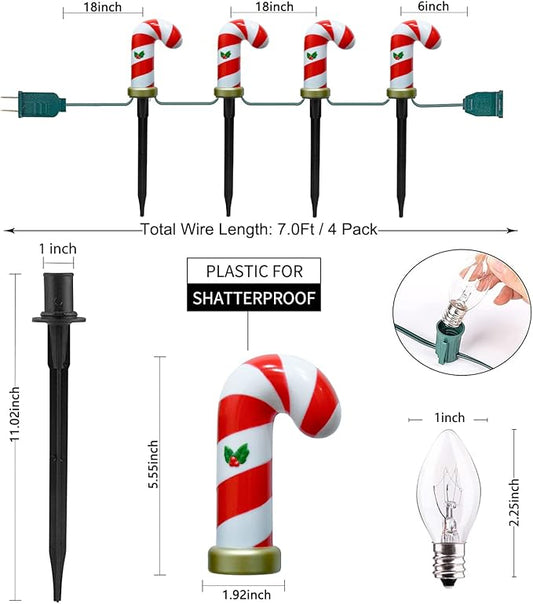 C7 Christmas Pathway String Lights, Set of 8 Christmas Candy Cane Driveway Markers with 4 C7 Clear Bulbs, Waterproof String Lights for Pathway Decor Outdoor Decoration