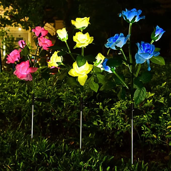 Aolyty Solar Garden Lights Outdoor, Solar Powered Stake Flower Light, IP65 Waterproof Solar Decorative Rose Flowers Lights for Patio Pathway Yard Lawn Decor (Blue, 6 Rose)