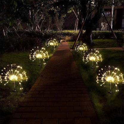 Solar Firework Lights 2Pcs Garden Lights Outdoor Waterproof, 120 LED with 8 Modes Twinkling and Steady-On, Festive daysStarburst Lights for Path, Patio, Yard (Warm White)