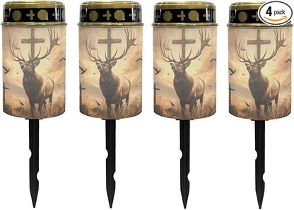 Poceacles 4 Pack Cross Solar Lights Cemetery Solar Lights for Grave Solar Candle Solar Lantern Light Walkway Lights Waterproof Landscape Lighting for Loss of Loved One, Deer Cross Dove of Peace Brown