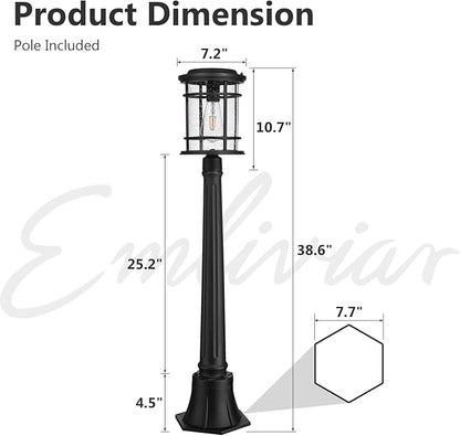 Emliviar Solar Pathway Lights Outdoor, Dusk to Dawn Walkway Light with Remote Control, Pole Light with Seeded Glass in Black Finish, LED Bulb Included, XE229PL-SL BK