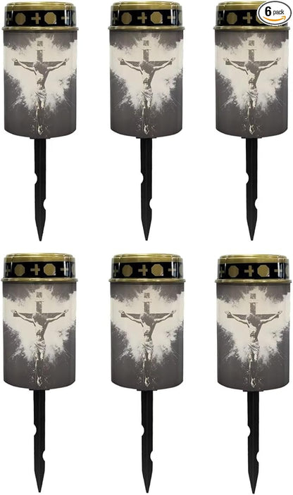 Poceacles Cross Solar Lights Set of 6 Outdoor Waterproof Cemetery Lights Solar Powered Grave Solar Lantern Outdoor Waterproof Walkway Lights for Lawn Garden Pathway, God Cross Black White