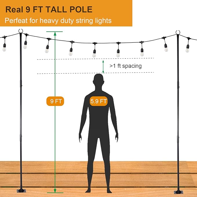 2 Pack 9 FT Heavy Duty String Light Poles,for Hard Concrete Ground,Wood Deck Railing | Lumora