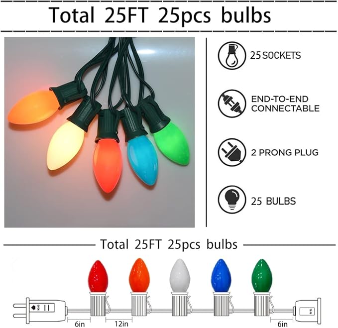 Multicolor Christmas Lights 25Ft C9 Vintage Christmas String Lights with 26 Colorhul Ceramic Bulbs (1 Spare) | Lumora