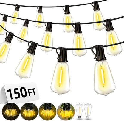 Outdoor Patio String Lights 150ft: ST38 LED Shatterproof Bulbs 3 Modes Button Control - Waterproof Connectable Lights - Wedding Bistro Party Gazebo Backyard Decorative