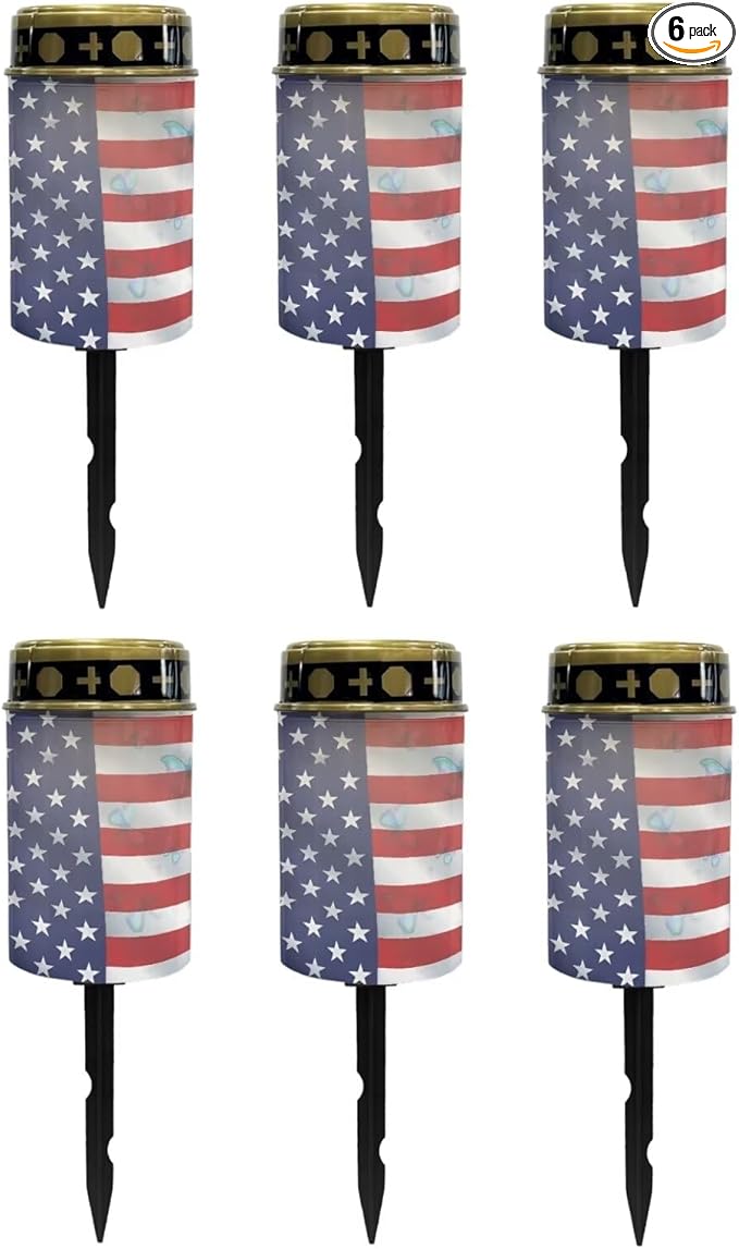 Poceacles Solar Lights Outdoor Lights Solar Powered Cemetery Lights Grave Solar Candles Outdoor Stake Lights Garden Solar Lantern Waterproof Decoration, American Flag Butterfly, Pack of 6