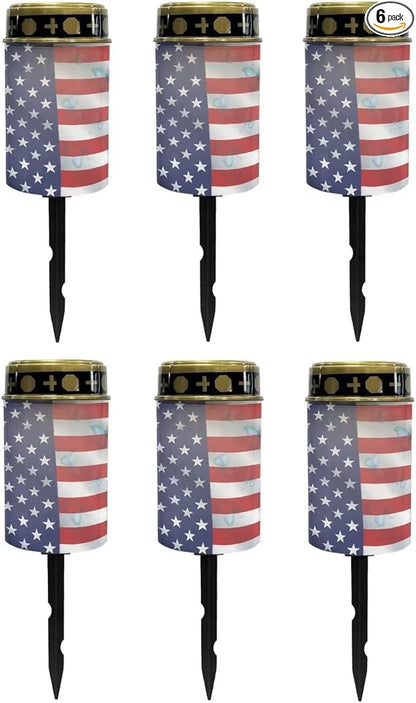 Poceacles Solar Lights Outdoor Lights Solar Powered Cemetery Lights Grave Solar Candles Outdoor Stake Lights Garden Solar Lantern Waterproof Decoration, American Flag Butterfly, Pack of 6