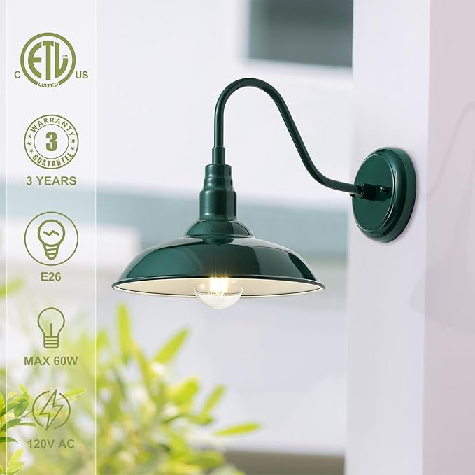 10'' Dome Outdoor Gooseneck Barn Light Fixture with Wall Mount, Green Exterior Porch Barn Door Lighting, Farmhouse | Lumora