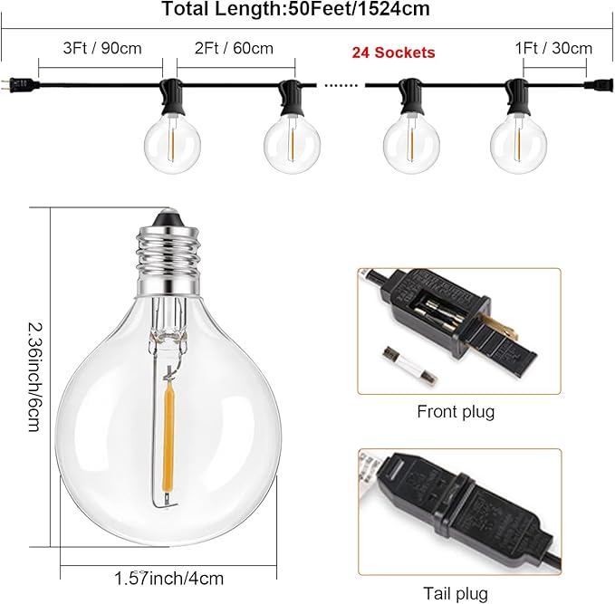 Outdoor String Lights with G40 Clear Globe Bulbs, Black Cord, Waterproof LED Edison Filament Decorative Lighting for Patio, Garden, Backyard (G40 Bulbs, 50FT)