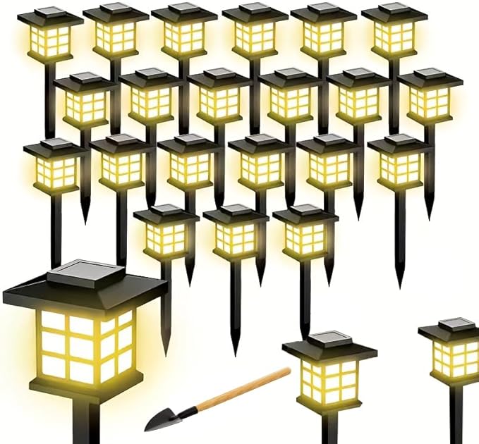 Solar Outdoor Path Lights, Waterproof LED Landscape Garden Lights, IP55Black Grid Design, 15.7 Inch Height, 700mA Battery (Warm Colors, Warm Light - Ultra Bright 24 Sets)