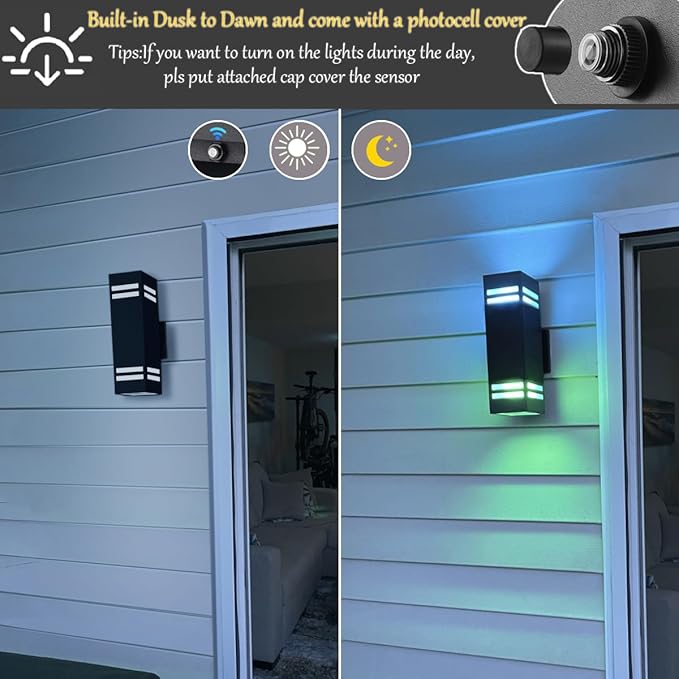 Up Down Wall Sconce RGB Color Changing Lights 1200lm, Dusk to Dawn Outdoor Lighting Fixture 2 Pack, Milight Remote | Lumora