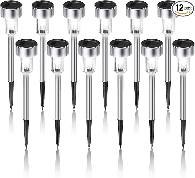 Solar Lights Outdoor Waterproof, Stainless Steel LED Landscape Lighting, Solar Garden Lights, Outdoor Valentines Day Decorations for Yard, Pathway, Walkway, Patio, Lawn - 12 Pack ( Cold White )