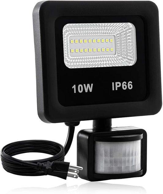 Motion Sensor Flood Light Outdoor,10W Security Light, IP66 Waterproof Outdoor Light,1000LM,6500K Motion Security Lights with Plug for Garage Yard Patio Pathway Porch Entryways (Daylight White)