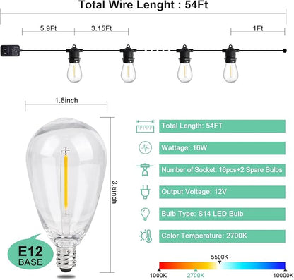 Outdoor String Lights Waterproof, 3000K Warm White 54ft Patio Lights String with 16 Led Shatterproof Bulbs,Outside Hanging Ambience Plug in String Light for Gazebo Garden Camping Porch Yard