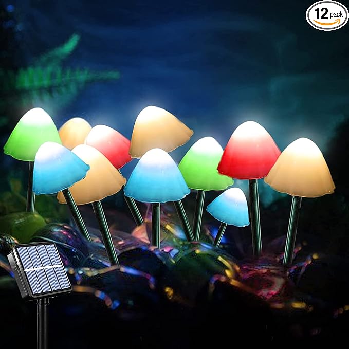 Outdoor Solar Garden Lights, Set of 12 Mini Solar Mushroom Light Outdoor Waterproof Cute Mushroom Shaped Pathway Landscape Lights for Yard Patio Garden Party Wedding Festival Decoration （Multicolor)