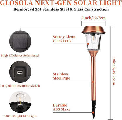Solar Garden Lights Outdoor Waterproof, Stainless Steel & Glass Path Lamps, 12-25 LM Dimmable Dusk to Dawn Solar Powered LED Lighting, IP65 Outside Decor for Poolside, Driveway, Backyard, 4 Pack