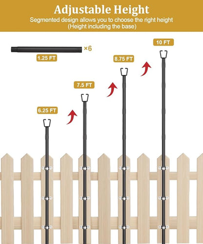 10FT String Light Poles for Outdoor Decor, Sturdy Light Pole with Fence Brackets, Adjustable Metal Posts for Outside Patio, Backyard, Deck, Garden, Party, Wedding