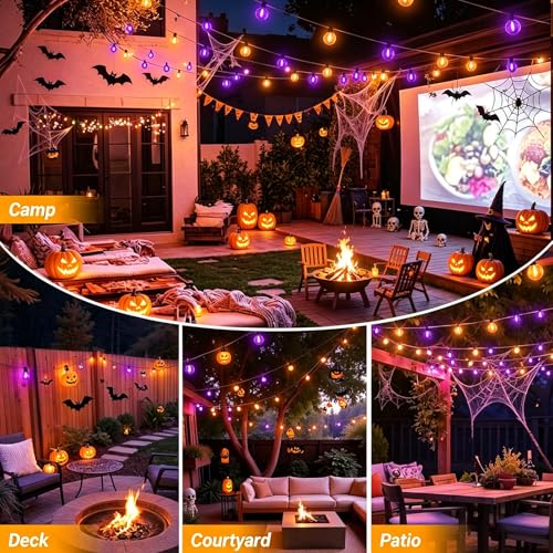 LAMPHOME Orange & Purple ST38 LED Outdoor String Lights,26FT Patio Lights with 12+1 Shatterproof Edison Bulbs,UL Waterproof Connectable Dimmable Hanging Lights for Halloween Backyard Porch Decor
