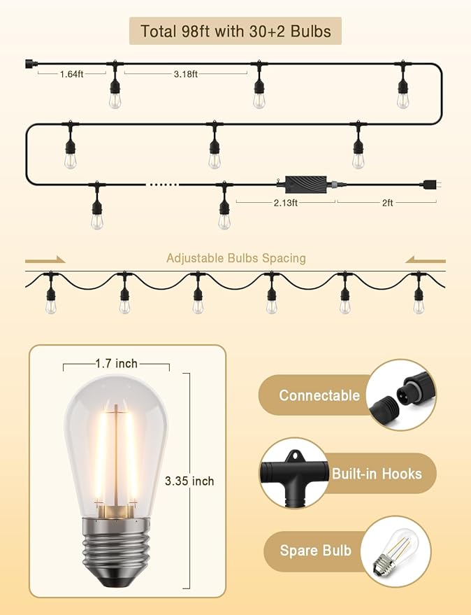 XMCOSY+ Smart LED String Lights for Outside 144Ft with 45 Dimmable Edison Bulbs Waterproof Shatterproof