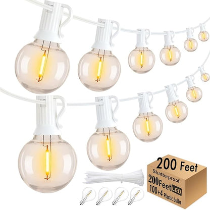 200 Feet White String Lights for Outside G40 Patio Lights Waterproof with 100+4 Replaceable Shatterproof Warm Yellow Globe Bulbs for Wedding Pergola Porch Backyard, White Cord, Linkable