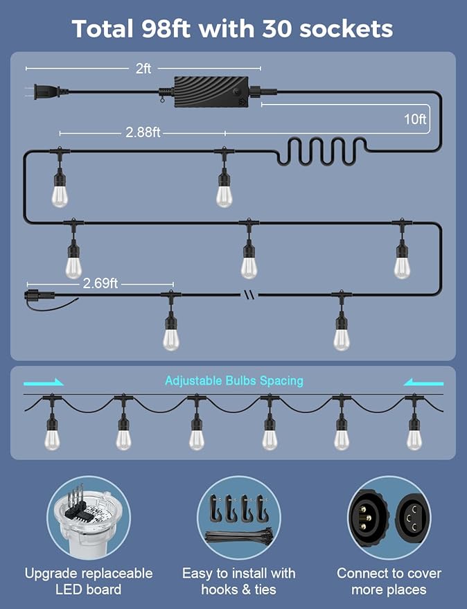 XMCOSY+ Smart Outdoor String Lights, 98Ft Patio Lights Waterproof, App Control, Compatible with Alexa, RGBCWIC | Lumora
