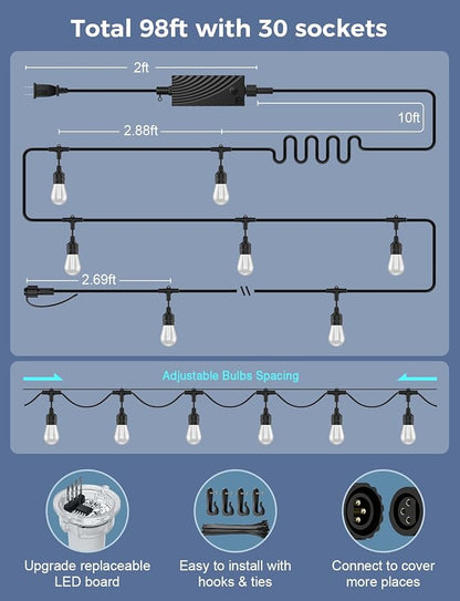 XMCOSY+ Smart Outdoor String Lights, 98Ft Patio Lights Waterproof, App Control, Compatible with Alexa, RGBCWIC Color Changing LED String Light for Outside