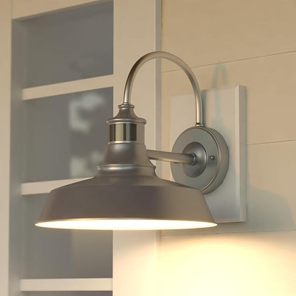 VAXCEL Dorado Outdoor Steel Wall Light with Motion Sensor, 12" W x 12.25" H Rustic Farmhouse Gooseneck Wall Sconce for Porch, Patio, Deck, or Front Door, Silver