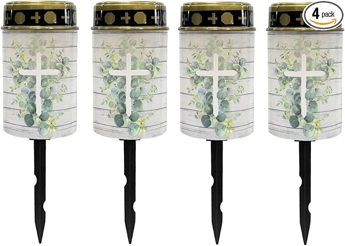 Poceacles Cross Solar Lights Outdoor Grave Solar Lights for Cemetery Decoration Solar Outdoor Lights Cemetery Solar Lamp for Garden Backyard Pathway Decor, Eucalyptus Leaf Cross Wood Grain, Pack of 4