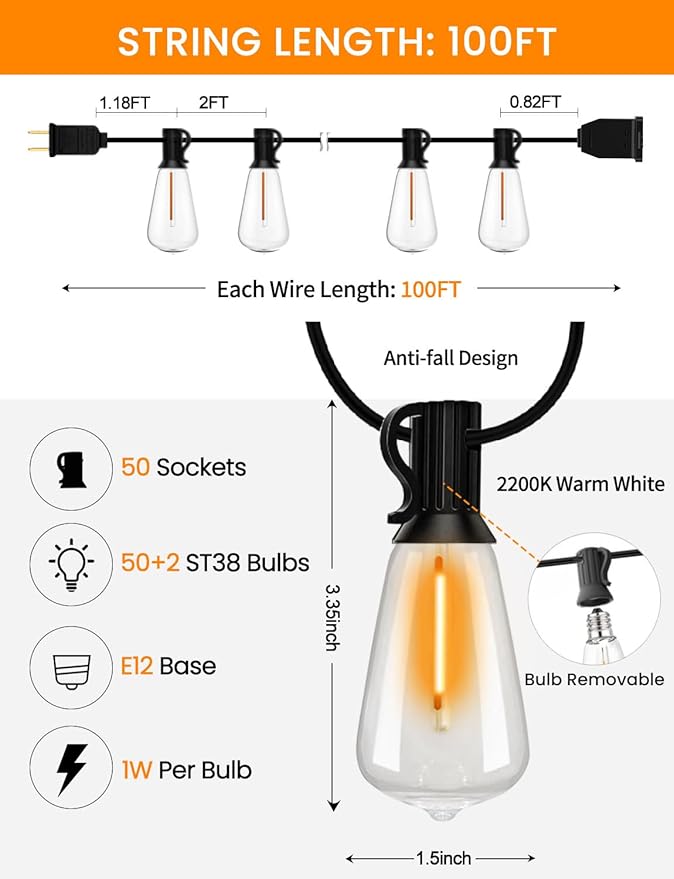 100FT Outdoor String Lights with Remote Patio Lights for Outside 52 Shatterproof Waterproof ST38 Edison Bulbs | Lumora