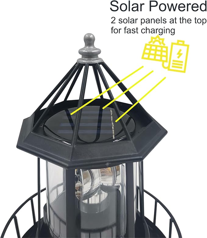 Solar Lighthouse Rotating Light - 360 Degree Rotating Lighthouse Lamp,IP65 Waterproof Solar Lighthouse Towers Statue Lights for Patio Fence Garden Courtyards,Lawns Decor (Black)