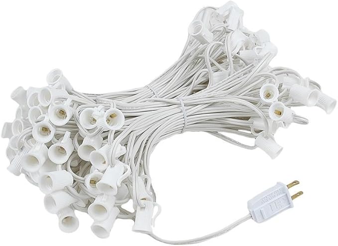 Novelty Lights 100 Foot C7 Outdoor String Light Christmas Stringer - Patio String Lights - Candelabra Base (C7/E12) - 12" Spacing - White Wire