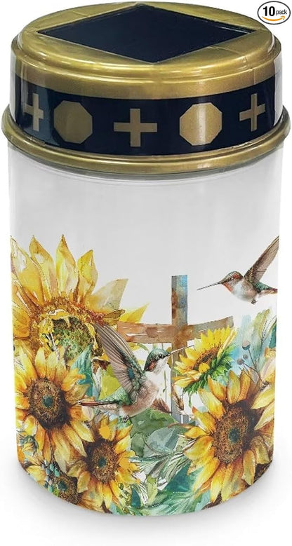 HUGS IDEA Sunflower Cross Solar Grave Lights Hummingbird Grave Lanterns Waterproof Grave Yard Decorations Outdoor Cemetery Solar Lighting for Dog Cat Graves